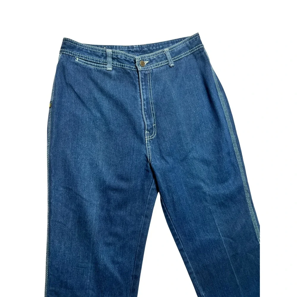 VTG 70s High Waisted Straight Leg Denim Jeans Dark Wash Contrast Stitch 32x33 - Picture 2 of 12